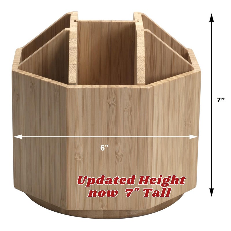 MobileVision Bamboo Rotating Utensil Holder & Kitchen Organizer, Multiple Compartments, 8 Sections, store Forks, Serving Spoons, Knives, and other cooking tools with Removable Divider for Customized Storage - Image 3